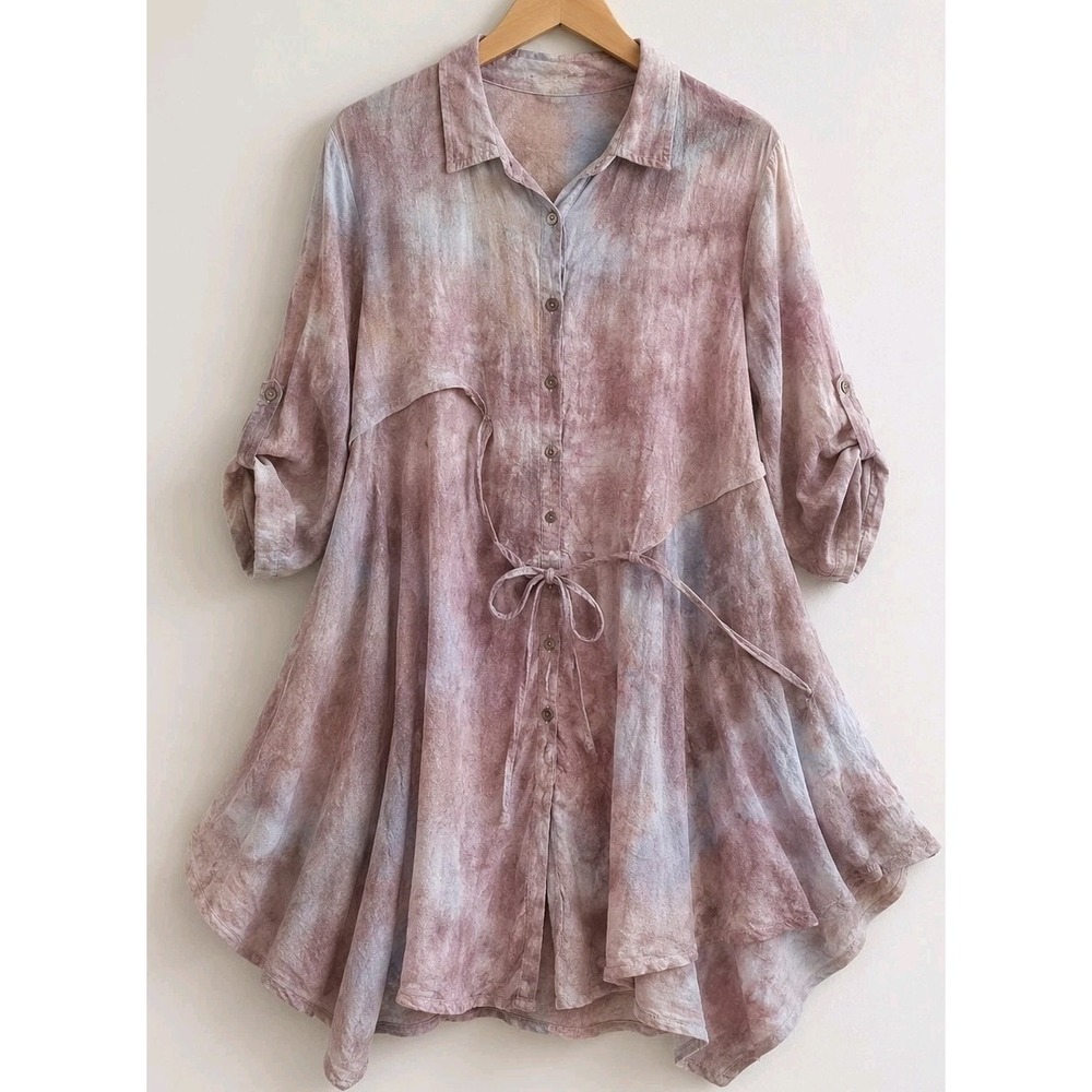 Boho Tie Dye Gauze Shirt Dress L Pink Fairy Grunge Cottagecore Festival Tunic